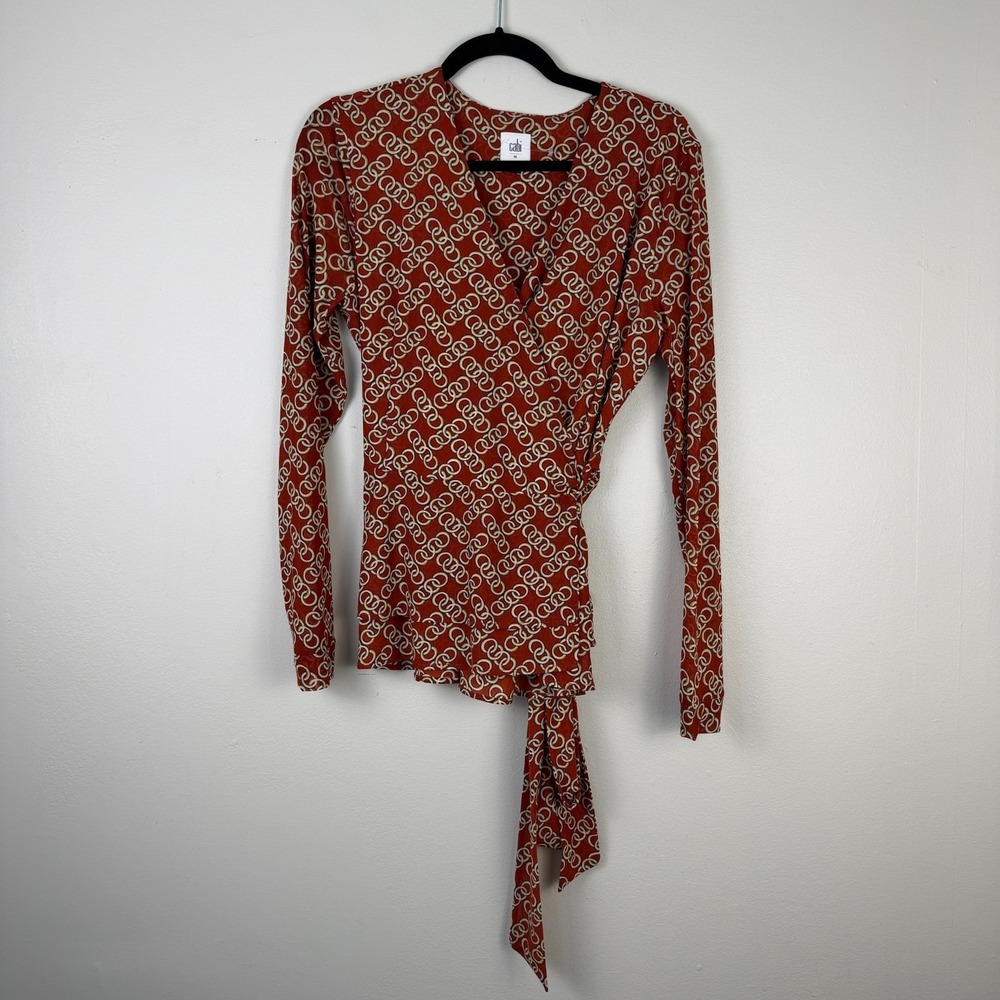 CAbi Wrap Top Women's Medium Orange Signet Chain Print Longā Sleeve Sheer Career